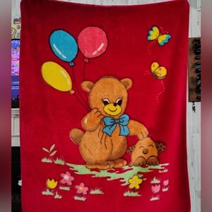 Vintage RED Baby Blanket Bear Balloons Puppy Dog  Butterflies Flowers Mink Soft